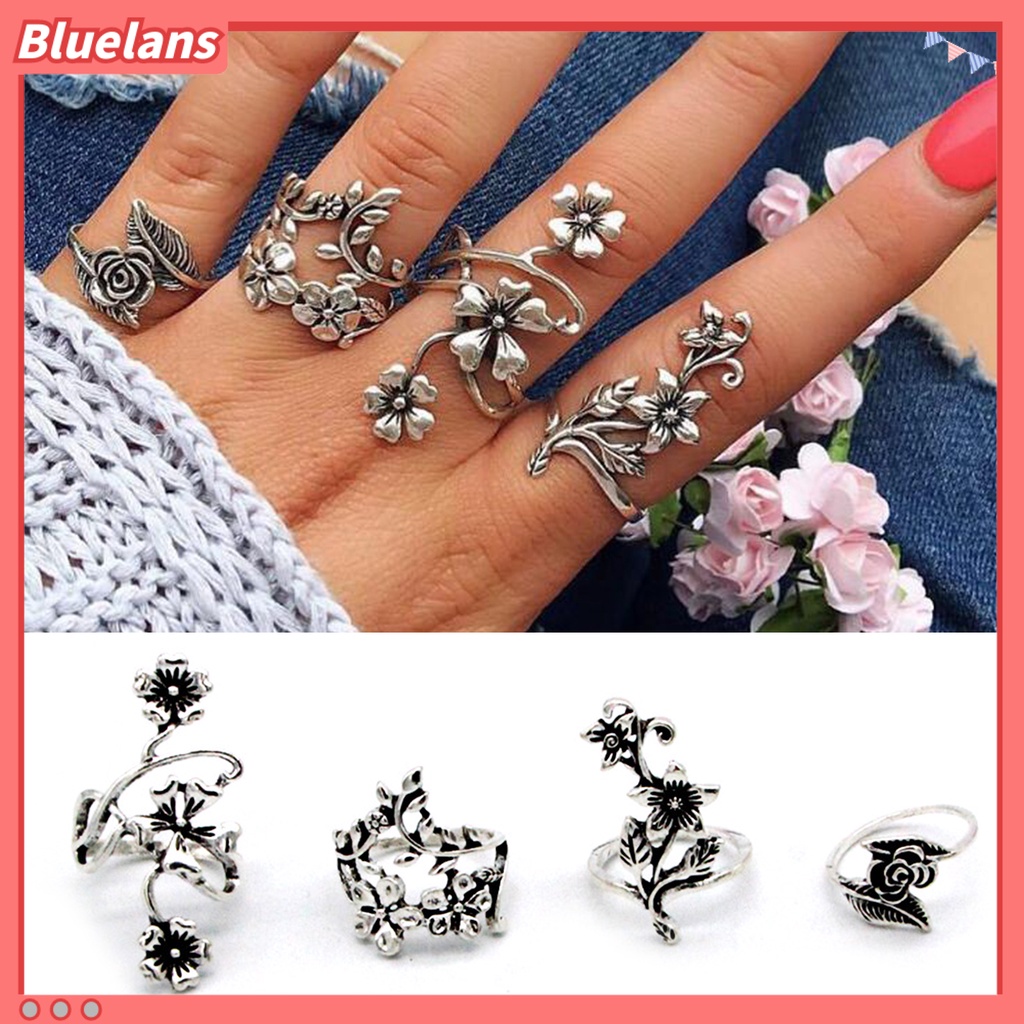 [BLS] 4pcs/set Sederhana Gaya Cina Klasik Knuckle Rings Berongga Diukir Bunga Tumpuk Rings Perhiasan Aksesori