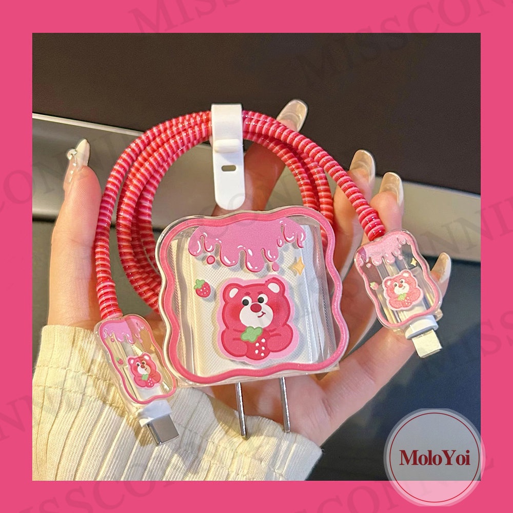 Set Lengan Kabel Data Tepi Bergelombang 5in1 Kompatibel Untuk Apple 18/20W Adapter Charger Cute Strawberry Bear Toy Story Love Heart Lovely Bowknot Cable Soft Cover Dengan Pelindung Gigitan