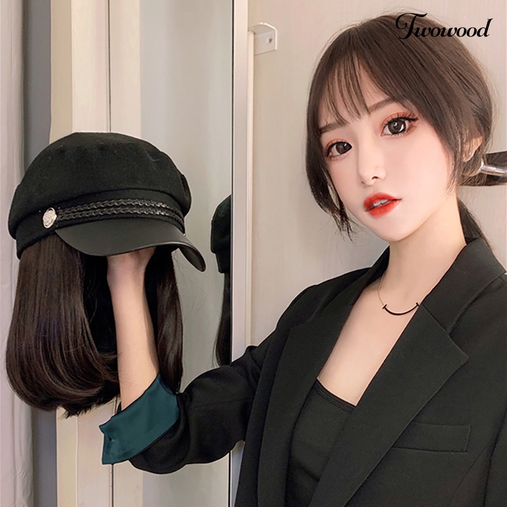 Twowood Wanita Bergaya Bob Lurus Pendek Wig Sopak Rambut Ekstensi Dengan Topi Muncak