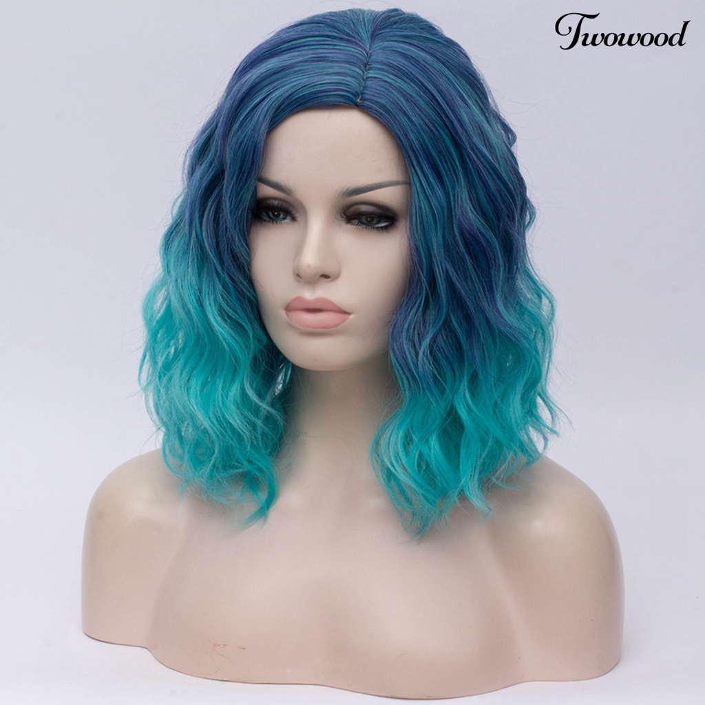 Twowood Wanita Fashion Gradien Mie Instan Keriting Medium Pendek Wig Cosplay Sopak