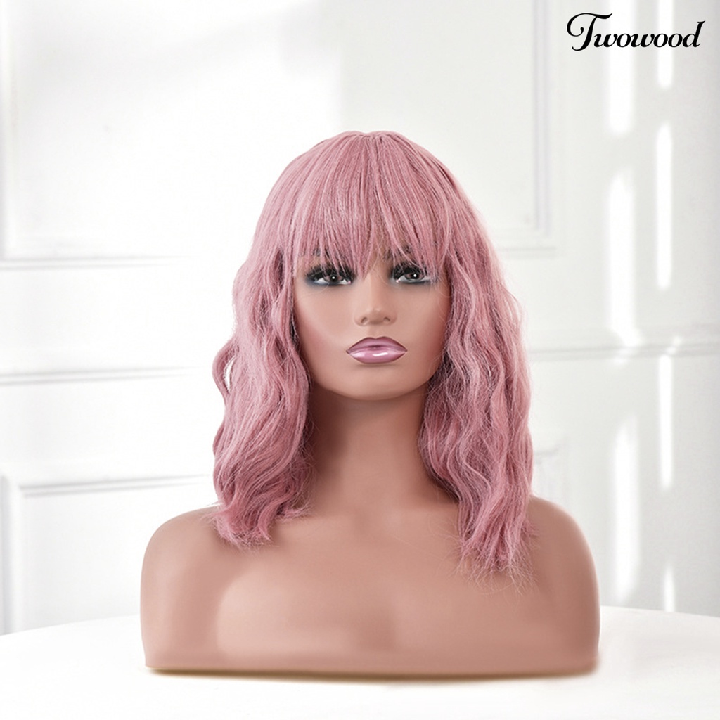 Twowood Cosplay Wig Universal Halus Ringan Pink Head Air Bangs Medium Long Curly Hair Wig Untuk Pesta