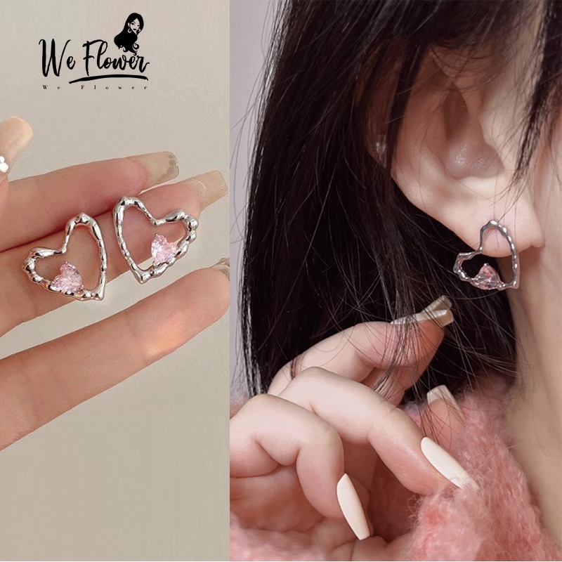 Kami Bunga Korea s925 Perak Merah Muda Kristal Pesona Hati Besar Anting-Anting Untuk Wanita Gadis Chic Cinta Hati Anting-Anting Perhiasan Telinga Mode