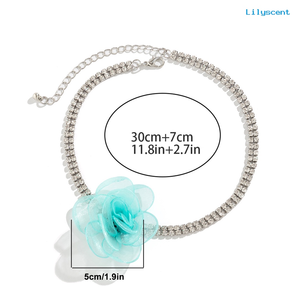 [LS]Wanita Choker Berlian Imitasi Rantai Shiny Extended Adjustable Elegan Hadiah Retro Handmade Bunga Mawar Perempuan Kerah Kalung Perlengkapan Pesta