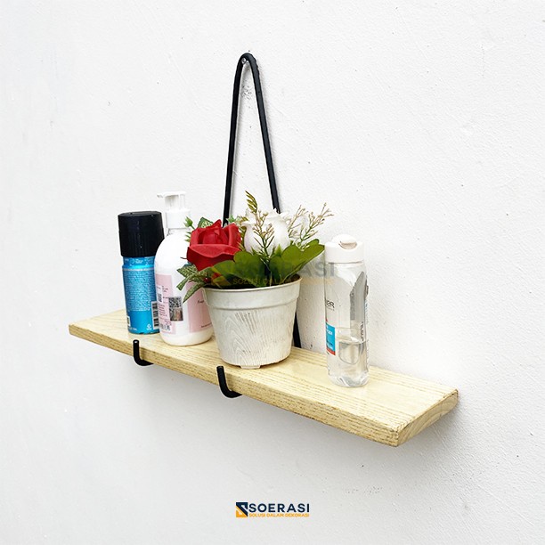 Promo Terlaris rak dinding buku gantung besi kayu dekorasi hiasan minimalis murah - Natural, 30Cm