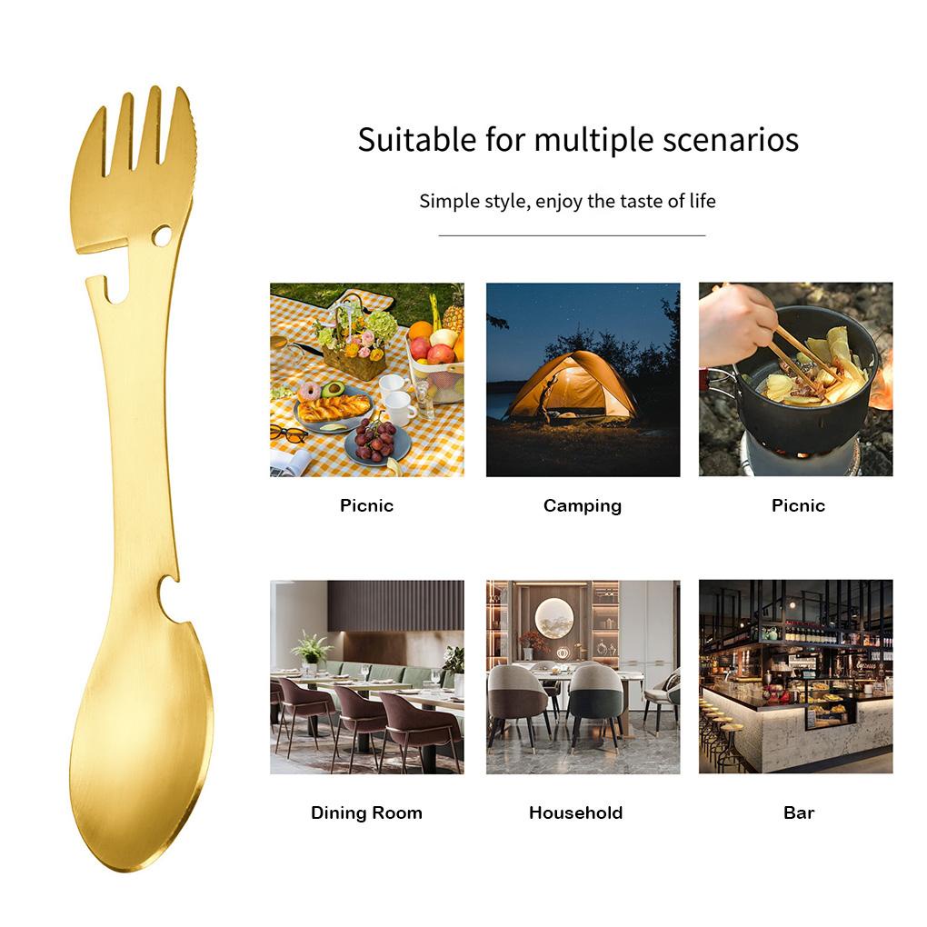 Spork Multifungsi Stainless Steel 5in1 Pisau Sendok Gantungan Kunci Pembuka Botol Alat Makan Untuk Camping Piknik Utensil