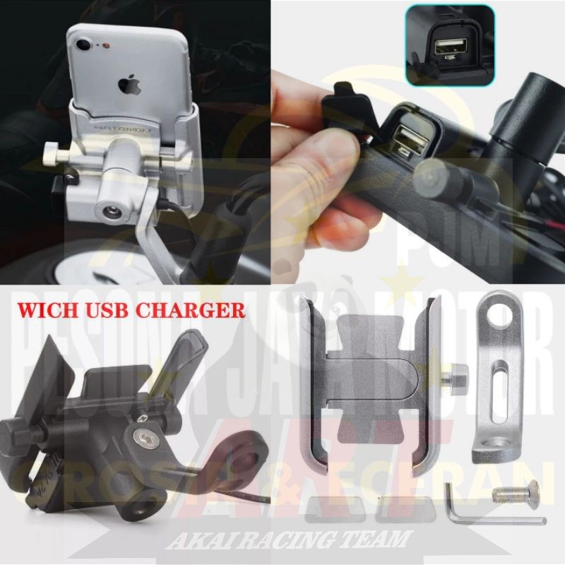 Holder Hp + Charger Bahan Full Cnc Universal Jepit Stang Dan jepit Stang PANCA