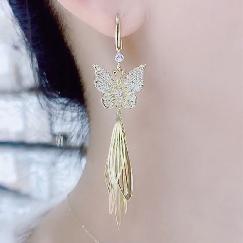 Unik Penuh Berlian Kupu-Kupu Piece Rumbai Gaya Panjang Anting Fashion Elegan