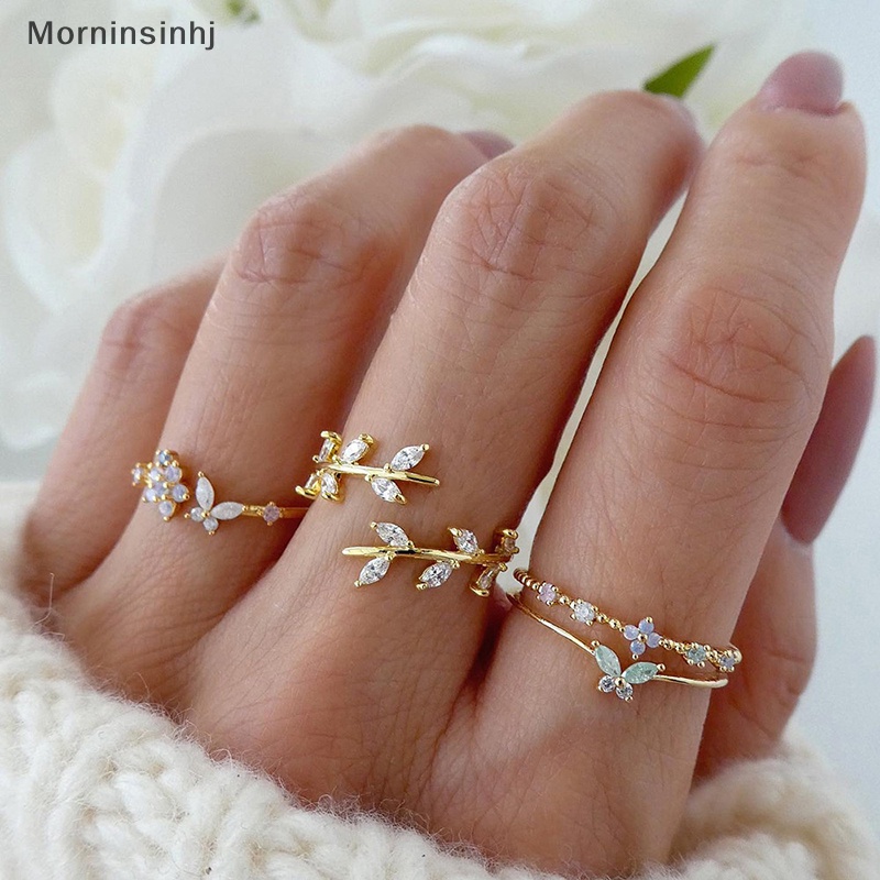 Mornin 4Pcs/Set Fashion Korea Temperamen Berlian Imitasi Memutar Daun Bunga Cincin Set Untuk Wanita Perhiasan Hadiah id