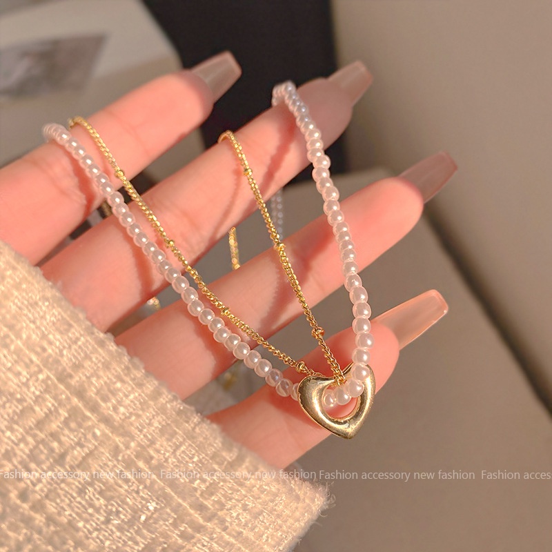 Vintage Double Layered Heart Pearl Necklace Korea Manis Emas Jantung Klavikula Rantai Kalung Aksesoris Fashion Baru