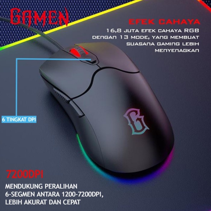 Gamen GM200 / GM-200 Gaming Mouse Macro Wired RGB Light 7200 DPI