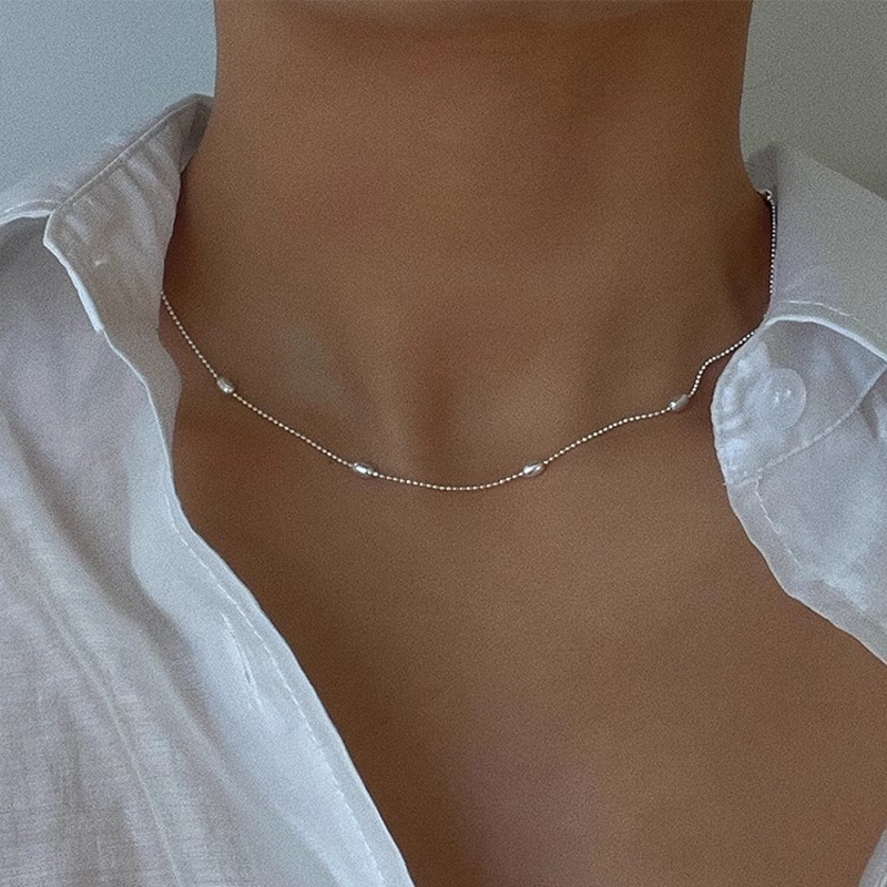 Roselife Minimalis 2 Pcs Ins Trendi S925 Perak Manik-Manik Choker Kalung Set Untuk Wanita Perempuan Minimalis Manik-Manik Kecil Tulang Selangka Rantai Kalung Perhiasan Hadiah