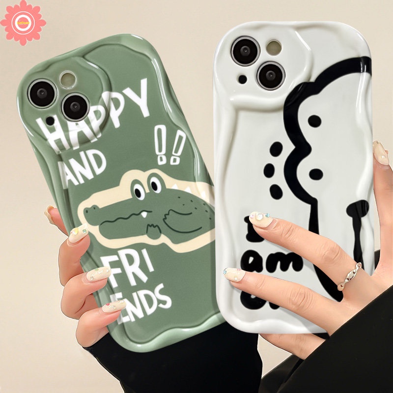 Compatible for iPhone 7Plus 8Plus XR 14 11 13 12 Pro Max X XS Max 6 6s 7 8 Plus SE 2020 Couple Cute Cartoon Crocodile Dinosaur Soft Glossy 3D Wavy Curved Edge Phone Back Cover Case