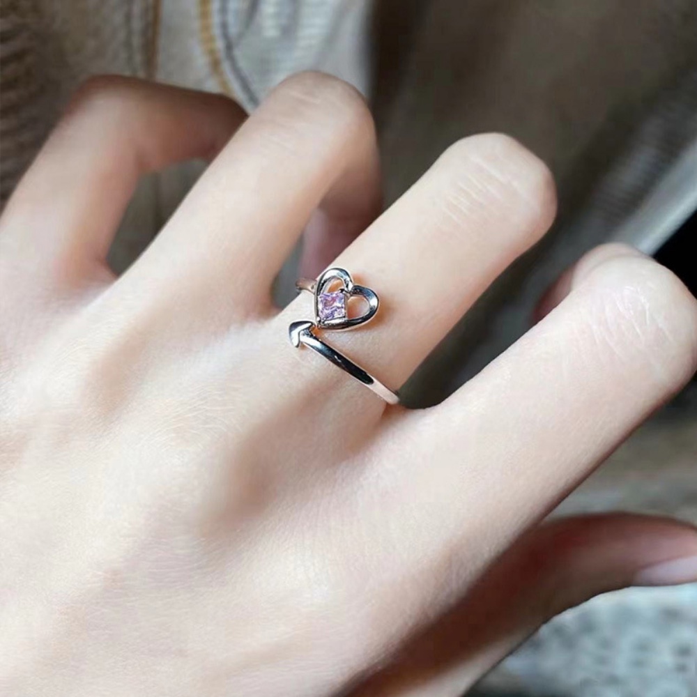 Sterling Silver Berbentuk Hati Merah Muda Berlian Cinta Cincin Untuk Wanita Individualized Gaya Keren Cinta Cincin Tunggal Cincin Terbuka Perhiasan Gadis Seksi