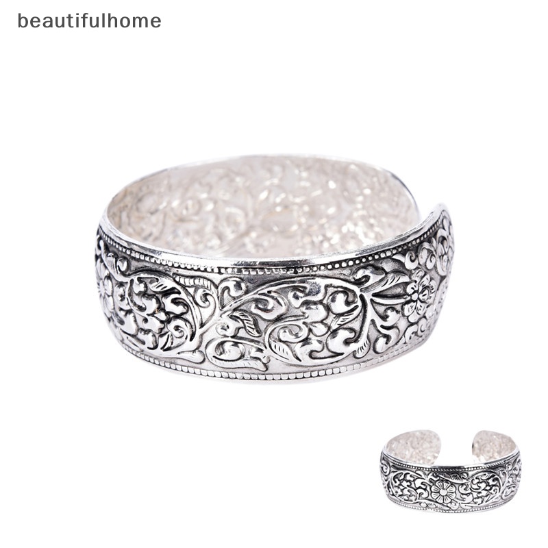 {beautifulhome} Baru Tibet Perak Totem Bangle Diukir Bunga Keberuntungan Bangle Cuff Bracelet.