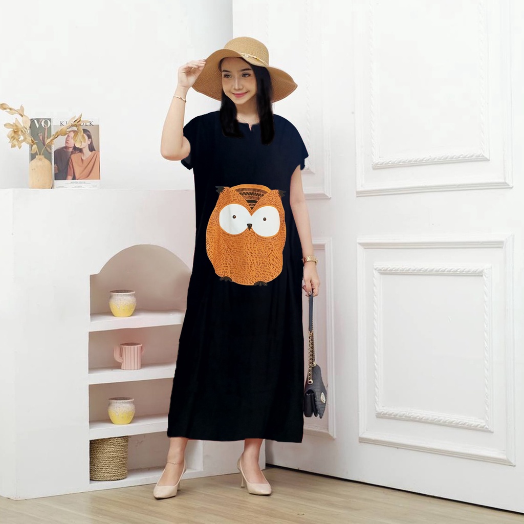 Long Dress Motif Owl LD120 Bahan Rayon Halus - Kun Collection