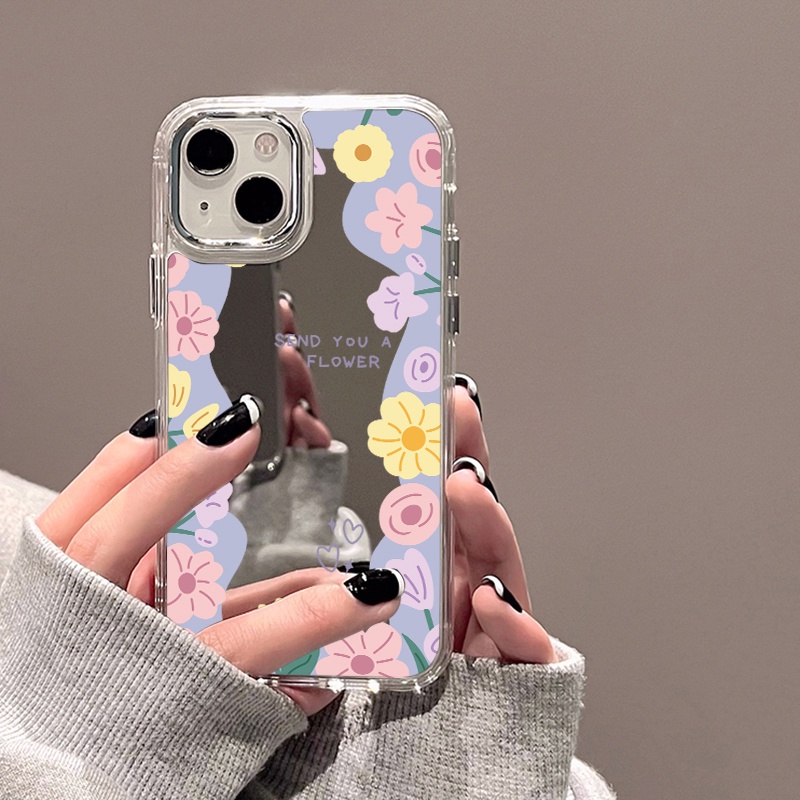 IPHONE Casing Ponsel Cermin Bunga Kartun Warna-Warni Kompatibel Untuk Iphone11 12 13 14 12Pro 13Pro 14Pro Pro Max XR X XS Max Electroplating Tombol Perlindungan Mirror Cover