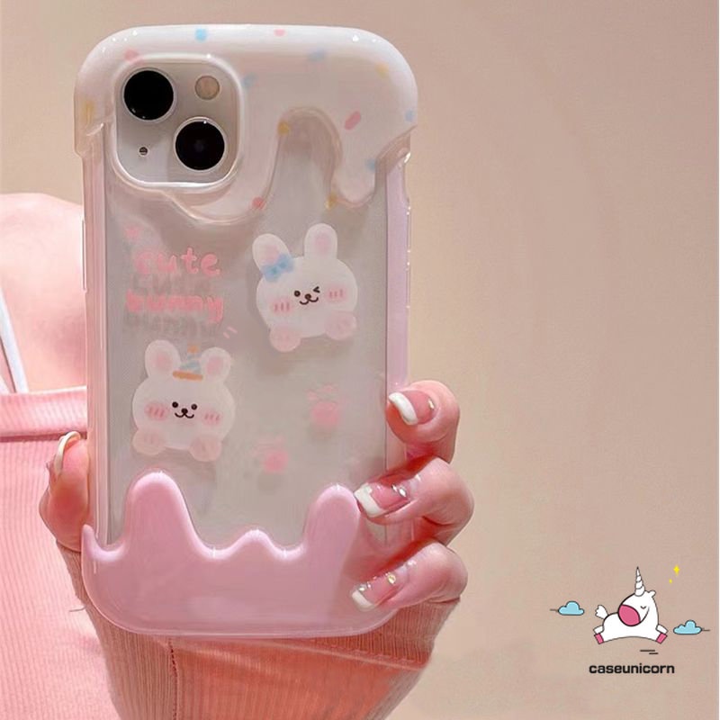 Cute Bear Rabbit Chick Kartun Ponsel Case Kompatibel Untuk IPhone XR X 7Plus 14 11 13 12 Pro Max7 8 Plus XS Max SE 2020lembut Musim Panas Indah Laurel Anjing Permen 3D Warna Ice Cream Cover