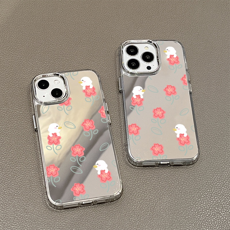 IPHONE Casing Ponsel Cermin Bunga Merah Kompatibel Untuk Iphone11 12 13 14 12Pro 13Pro 14Pro Pro Max XR X XS Max Electroplating Tombol Perlindungan Mirror Cover