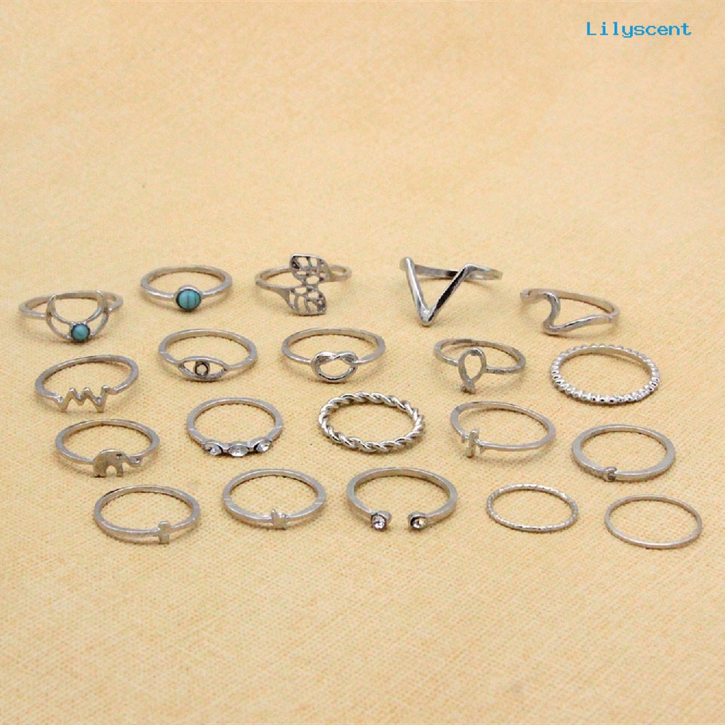 [LS]20Pcs/Set Fashion Cincin Bohemia Hias Berlian Imitasi Daun Gajah Buku Jari Cincin Perhiasan Aksesoris