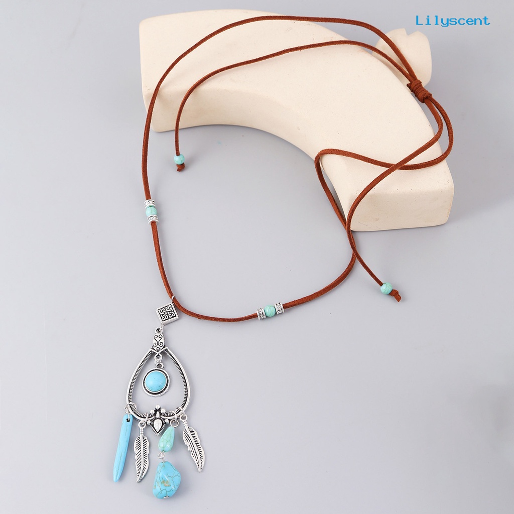 [LS]Turquoise Adjustable Tali Suede Wanita Kalung Gaya Bohemian Liontin Kalung Kait Anting Perhiasan Aksesoris