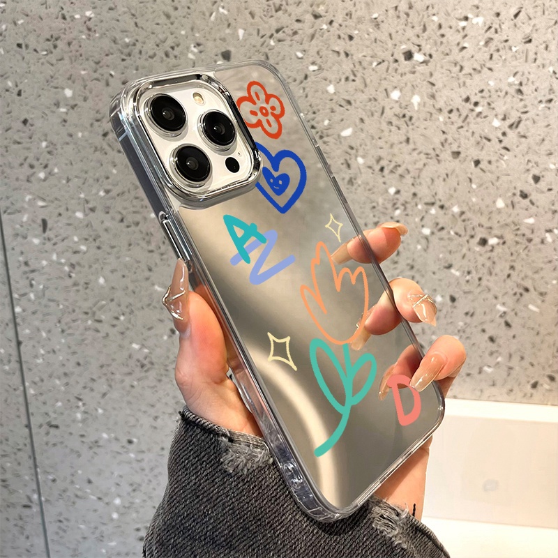 IPHONE Casing Ponsel Cermin Graffiti Kompatibel Untuk Iphone11 12 13 14 12Pro 13Pro 14Pro Pro Max XR X XS Max Electroplating Tombol Perlindungan Mirror Cover