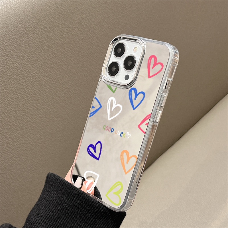 IPHONE Casing Ponsel Cermin Hati Warna-Warni Kompatibel Untuk Iphone11 12 13 14 12Pro 13Pro 14Pro Pro Max XR X XS Max Electroplating Tombol Perlindungan Mirror Cover