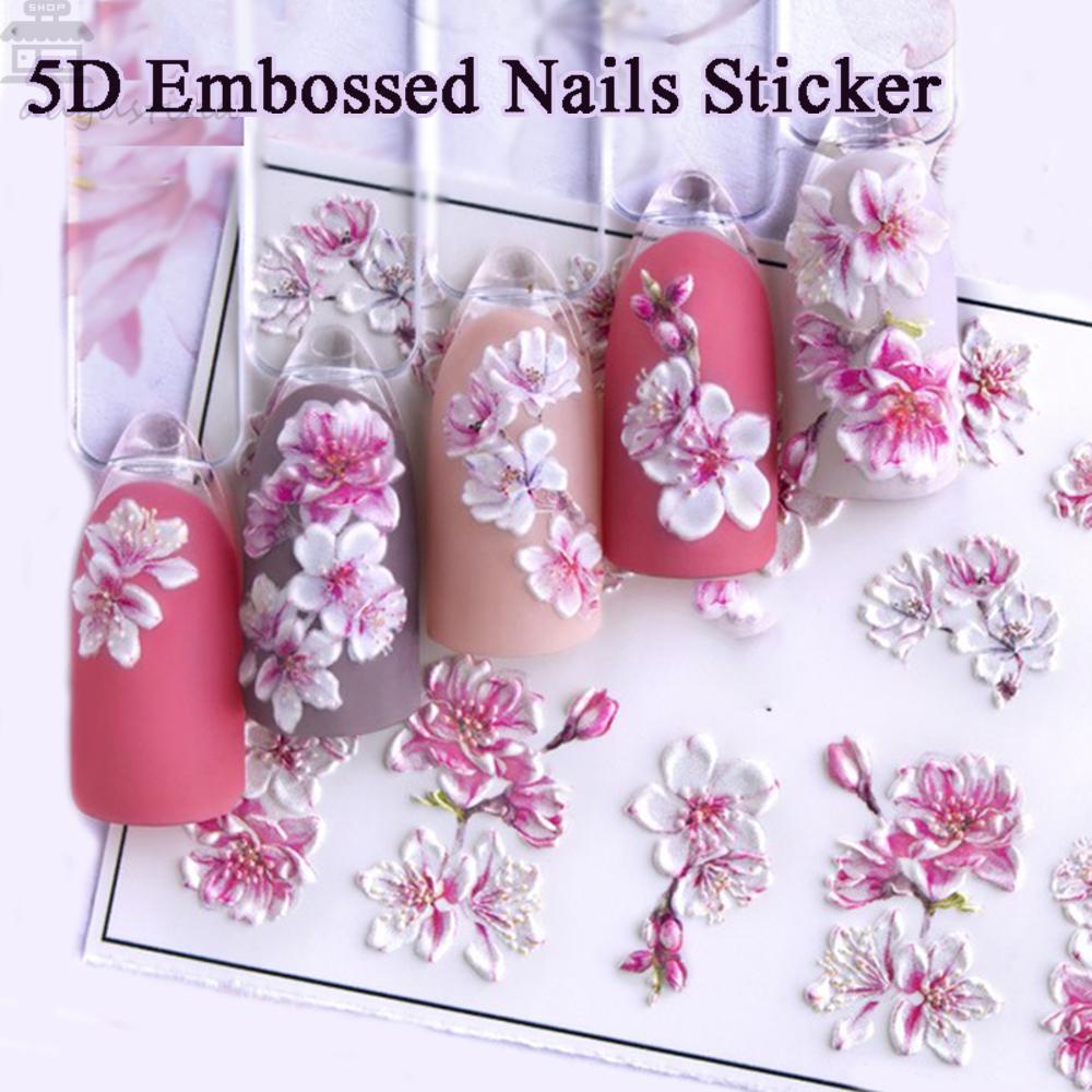 AUGUSTINA Agustin 5D Timbul Kuku Stiker Salon Murai Mawar Bunga Matahari Merah Peony Gardenia Kupu-Kupu Manikur Aksesoris Kuku Foil Decals DIY Nail Art