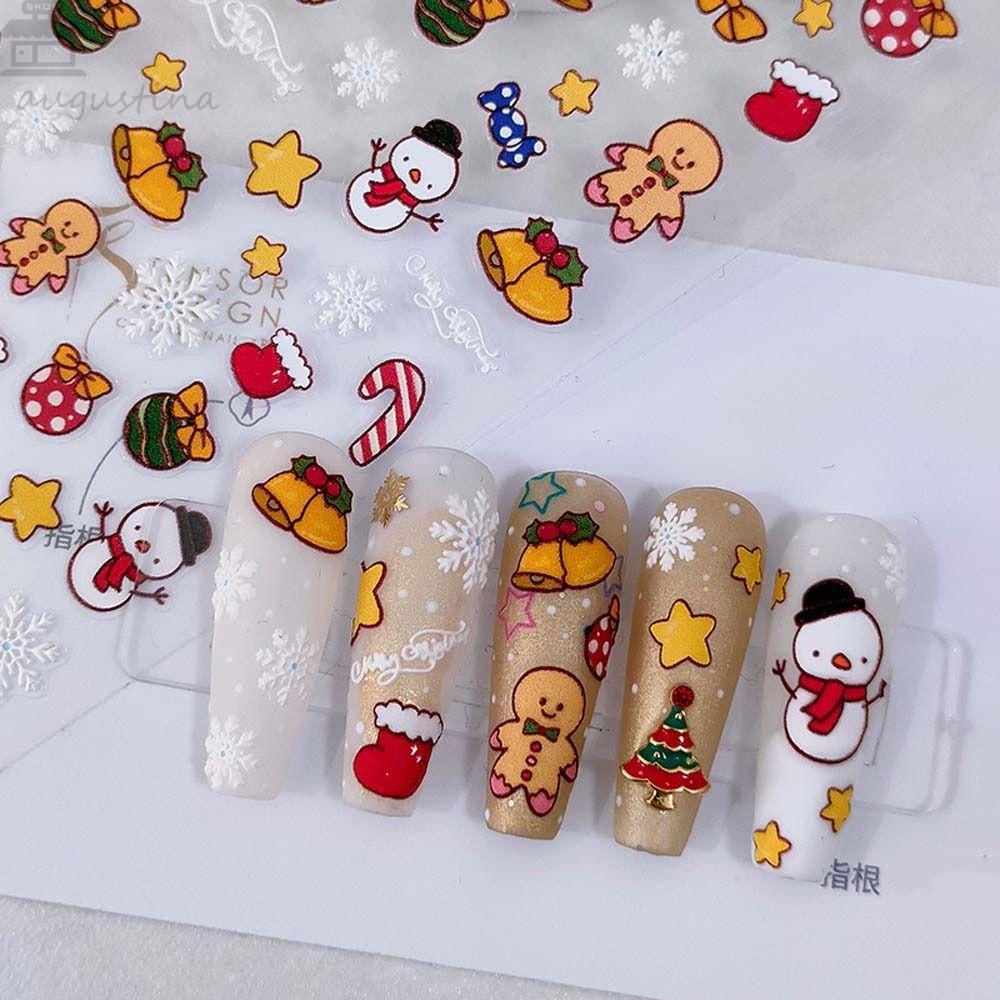 AUGUSTINA Agustinina Stiker Kuku Natal Wanita Perekat Diri Lampu Natal Santa Claus Snowman Nail Art Dekorasi