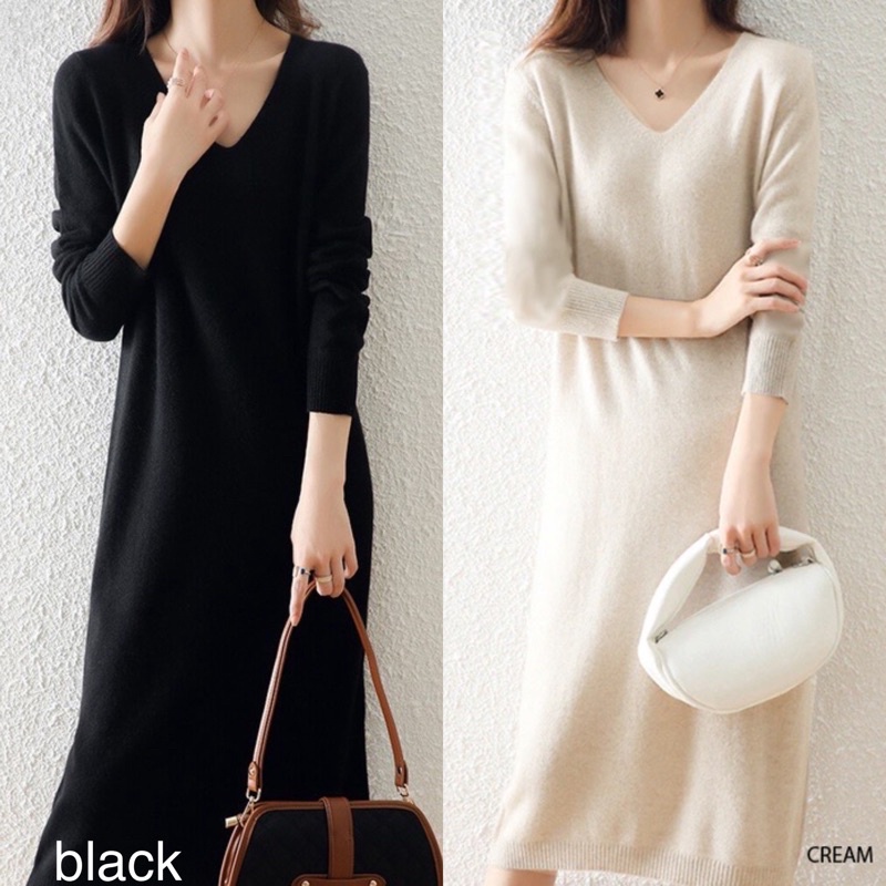 (D109) V neck knit midi loose dress rajut wanita
