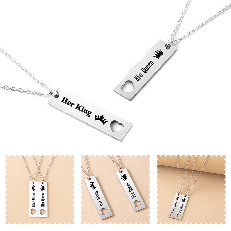 Kalung Pasangan Keren Hip Hop King Queen Stainless Steel Persegi Panjang Rantai Salib Hadiah Hari Valentine