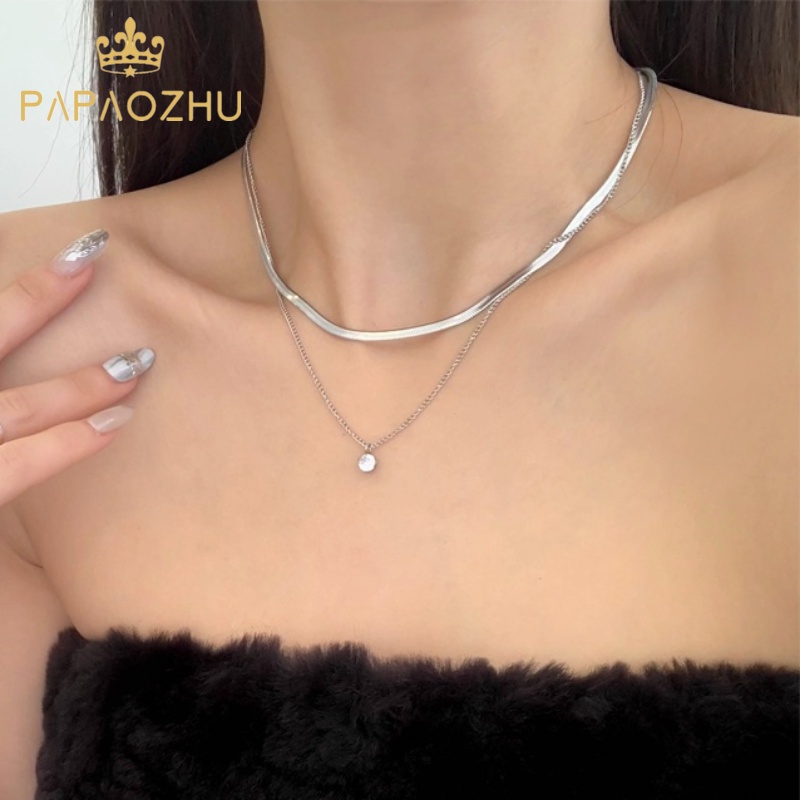 Papaozhu Sederhana Bersinar Zirkon Bulat Liontin Perak Double Layer Kalung Untuk Wanita Gadis Temperamen Berlian Imitasi Berkilau Rantai Tulang Ular Perhiasan Leher Trendi