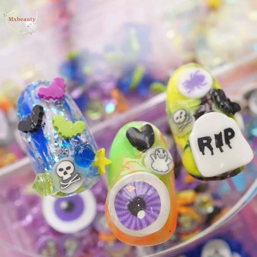 MXBEAUTY Halloween Dekorasi Kuku Tanah Liat Lembut Irisan Kartun Mata Kelelawar Labu Kerangka DIY Nail Art Alat