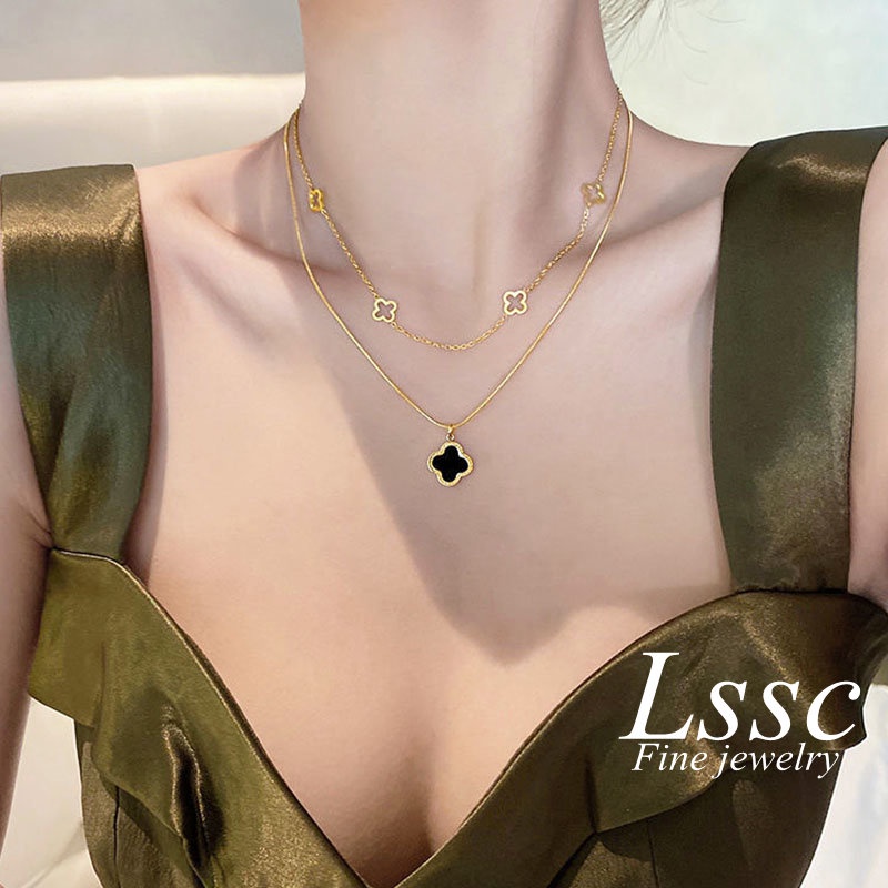 Kalung Titanium 2 Layer Bunga Clover Hitam Cantik Korea Emas 18K Anti Karat Aksesoris Wanita Perhiasan