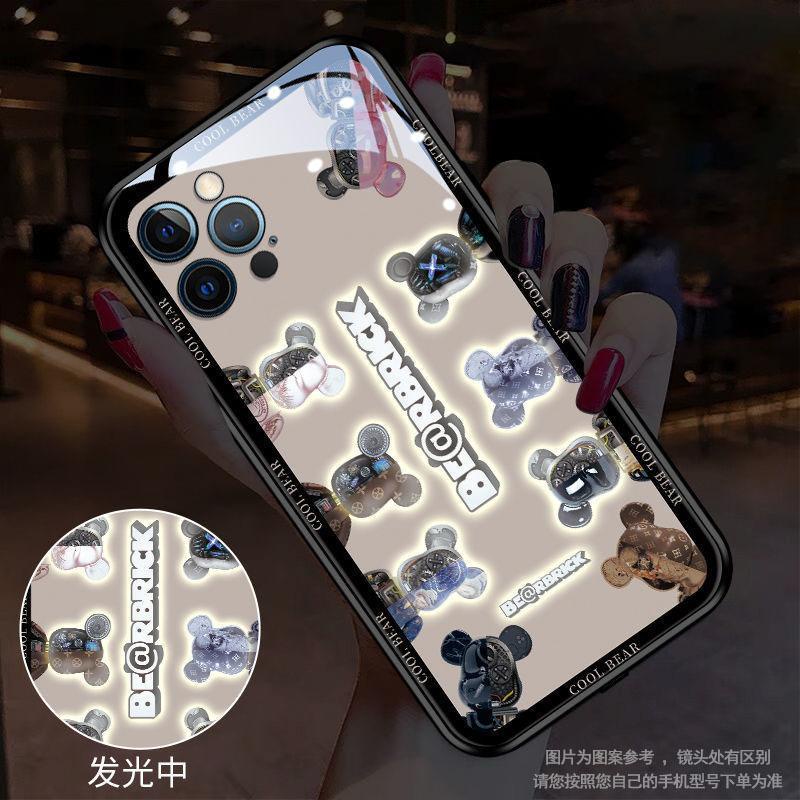 IPHONE Kaca luminous LED bear Animasi Kartun Casing Ponsel Dengan Lampu Panggilan Masuk Casing Ponsel Iphone12 13 14 Pro Max