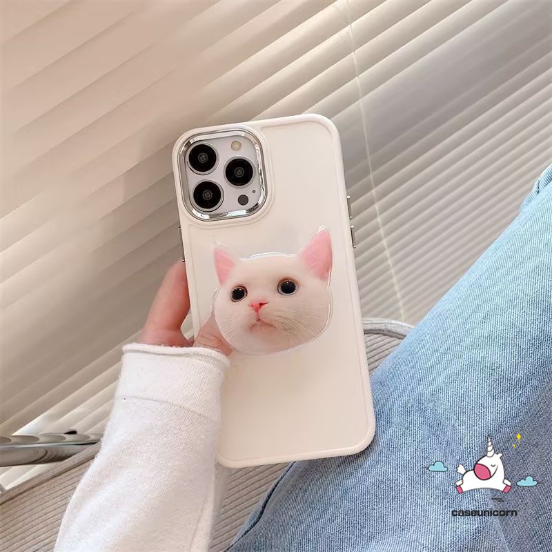 Cute Kitty Cat Bracket Mewah Plating Case Kompatibel Untuk IPhone 7plus 13 11 12 14 Pro MAX X XR 7 8 Plus XS MAX Sederhana Warna Solid Frame Lensa Metal Phone Cover Dengan Holder Bracket
