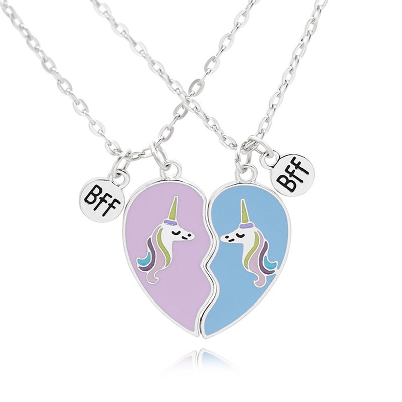 2pcs/set Lucu Warna-Warni Unicorn Bentuk Liontin Rantai Sahabat Magnet Kalung BFF Persahabatan Anak Perhiasan Hadiah