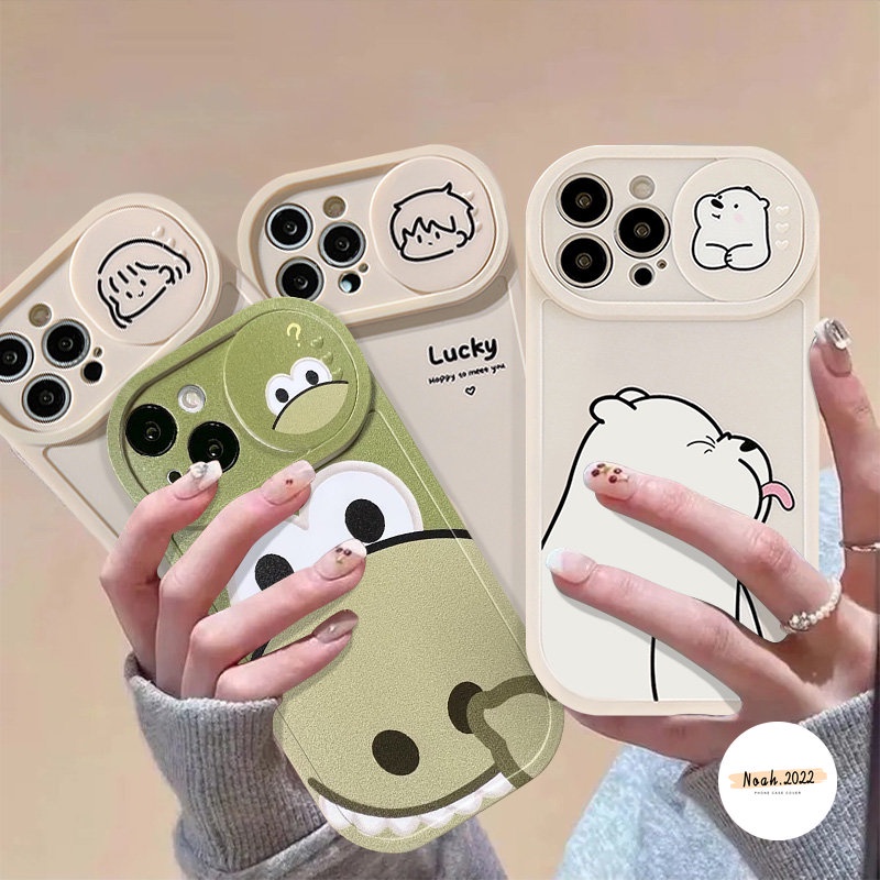 Couple Lucky Boy Happy Girl Funny Bear Soft Case Compatible for IPhone 11 12 13 Pro Max 7Plus 8Plus XR X XS Max Cartoon Dinosaur Push Pull Window Camera Lens Protector Cover