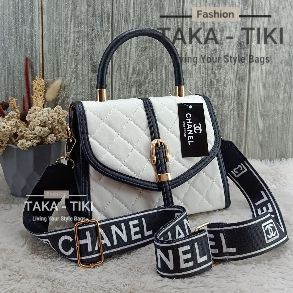 tas wanita chnl jinjing besi lidah gesper BLACK WHITE SPECIAL EDITION. kualitas no 1 . full premium aksesoris