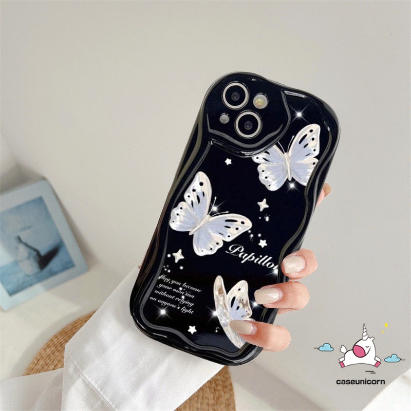 Korean Style Glitter Butterfly Couple Case Compatible For iPhone XR X 7 8 6 6s Plus 13 11 12 14 Pro Max 7Plus XS Max SE 2020 Fantasy Butterfly Cartoon Soft 3D Wavy Curved Edge Case