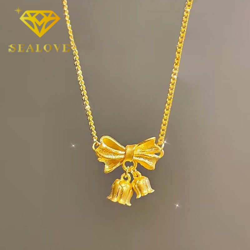 Kalung Titanium Bunga Pita Cantik Aesthetic Korea Emas 18K Anti Karat Aksesoris Wanita Perhiasan Fashion