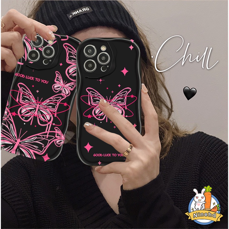 IPHONE Ins Manis Keren Pink Kupu-Kupu Hitam Terang Casing Ponsel Kompatibel Untuk Iphone14 13 12 11 Pro Max X Xr Xs Max8 7 6 6s Plus SE 2020 Bumper Shockproof Tepi Melengkung Lembut Tpu Penutup Belakang