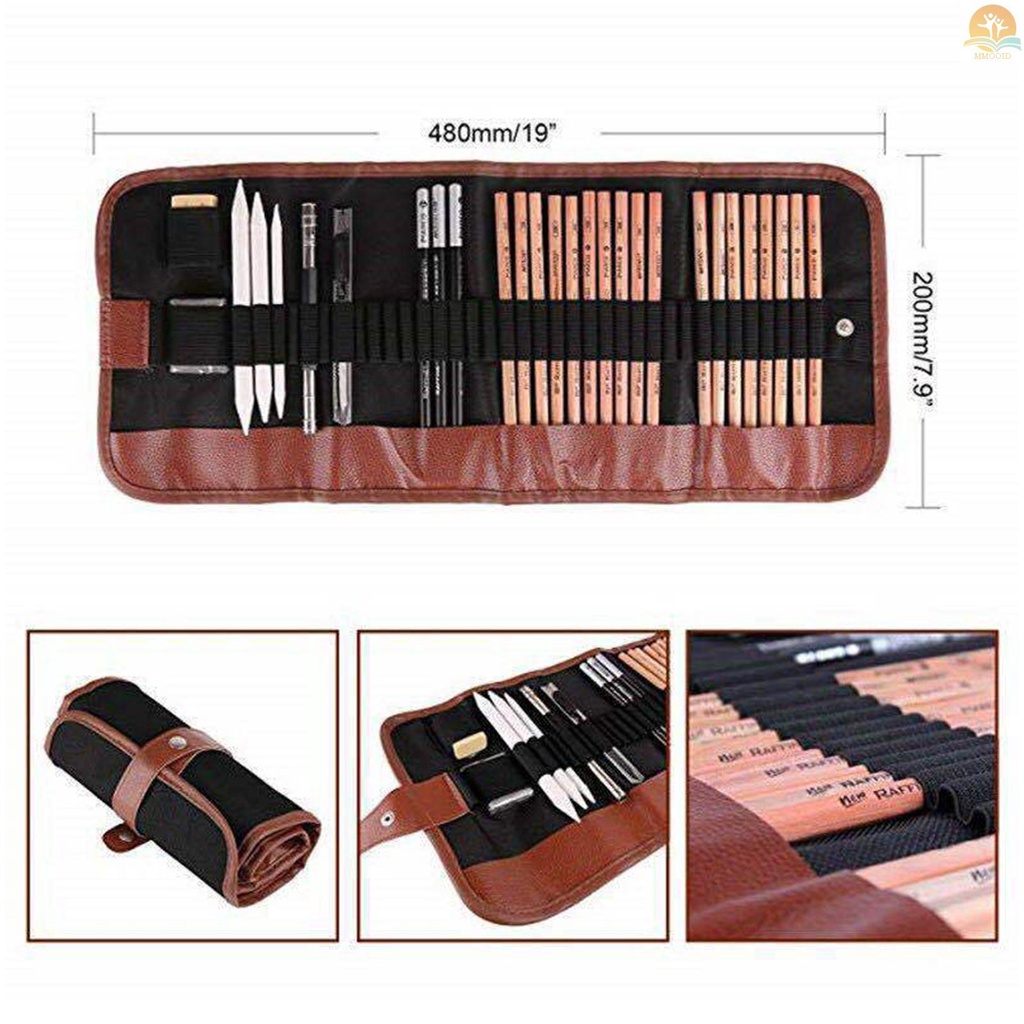 In Stock 29PCS Set Pensil Menggambar Sketsa Arang Pensil Seni Profesional Perlengkapan Seni Dengan Tas Kantong Penyimpanan Potrait Alat Gambar Hadiah Besar Untuk Pelajar Dewasa Pemula Dan