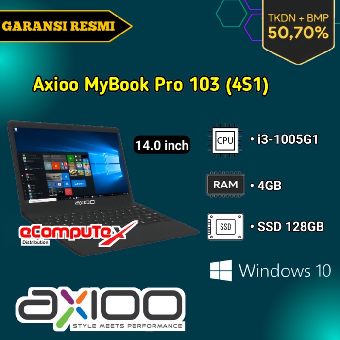 LAPTOP AXIOO MYBOOK PRO 103 (4S1) i3-1005G1 4GB 128GB 14&quot; TKDN RESMI