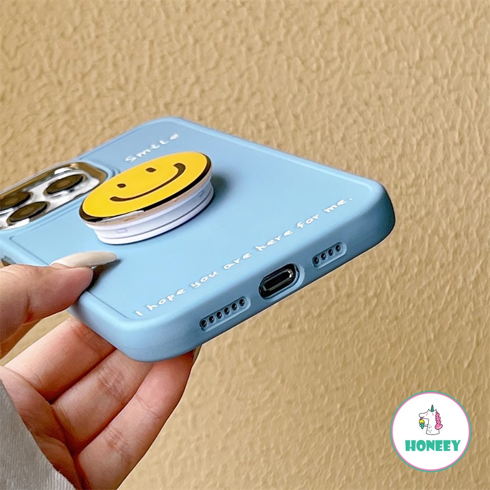 IPHONE Casing Ponsel Stand Smiley Kuning Sederhana Kompatibel Untuk Iphone14 Pro Max13 12 11Pro Max7 8Plus Xr Xs Lembut TPU Shockproof Handphone Cover