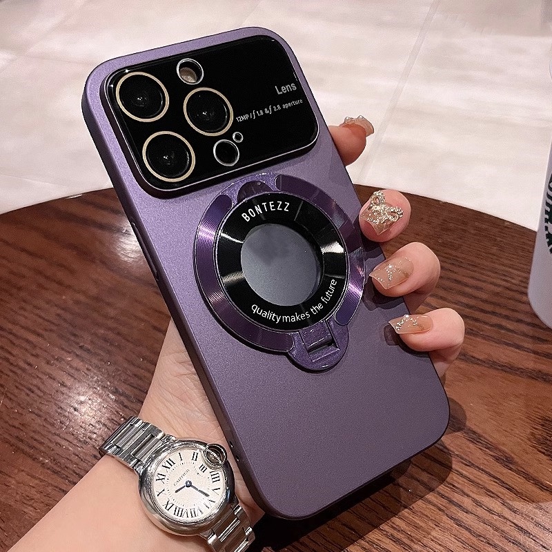 Luxury Bracket Case Untuk iPhone 14 Pro 13 11 12 Pro Max 14Plus Pelindung Kamera Lubang Logo Magnetic charging Stand Holder Cover