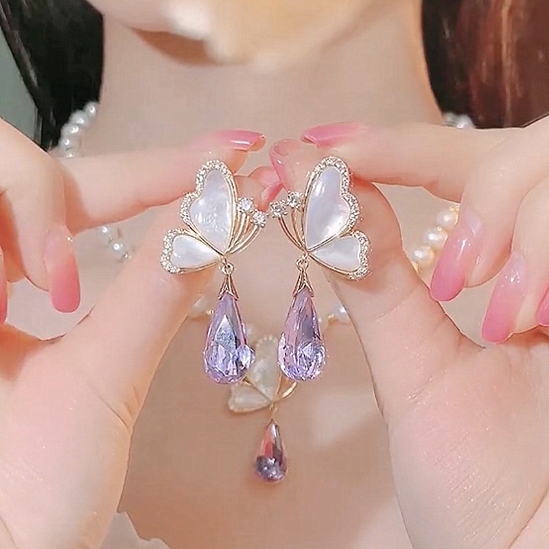 Kupu-kupu Kristal Ungu Gaya Baru Versi Korea Temperamen Modis Elegan Anting Trendi Unik