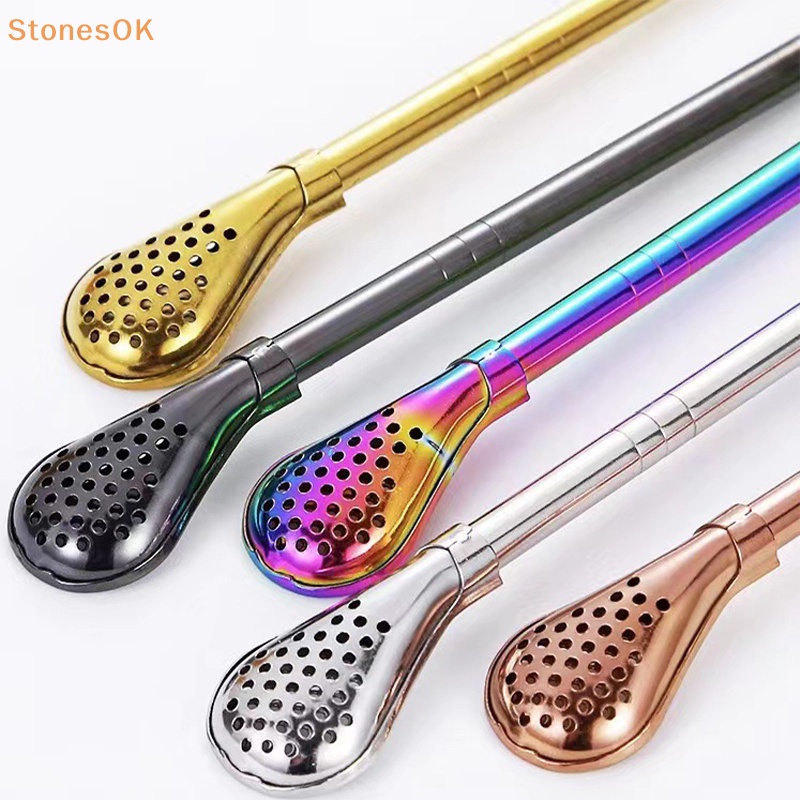 Batu Warna Warni304 Sedotan Minum Teh Stainless Steel Sendok Yerba Mate Tea Filter Reusable Metal Kitchen Bar Milk Tea Stirring Spoon ID