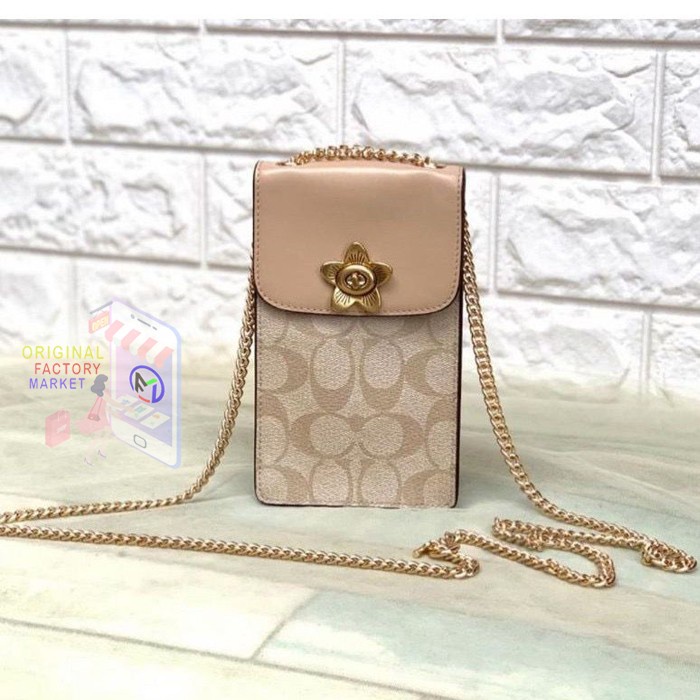 TAS COACH 72996 Phone Crossbody Bag SIGNATURE LIGHT KHAKI Flower Vs