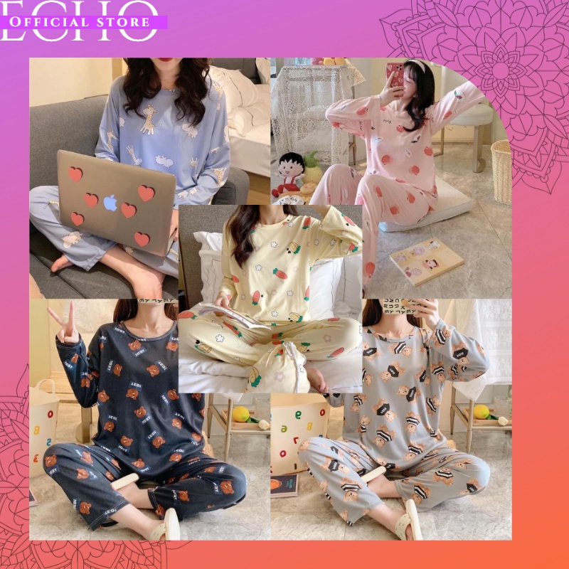 ECHO B02-B06 - PAKAIAN WANITA BAJU TIDUR WANITA PIYAMA SET LENGAN PENDEK CELANA PANJANG PAKAIAN RUMA