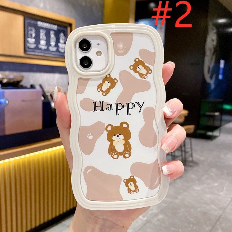 Happy Brown Bear 2in1 Wave Soft Case HP iP iPhone 14 13 12 11 Pro X XS XR Max 7 8 + Plus Blue White FTD Casing